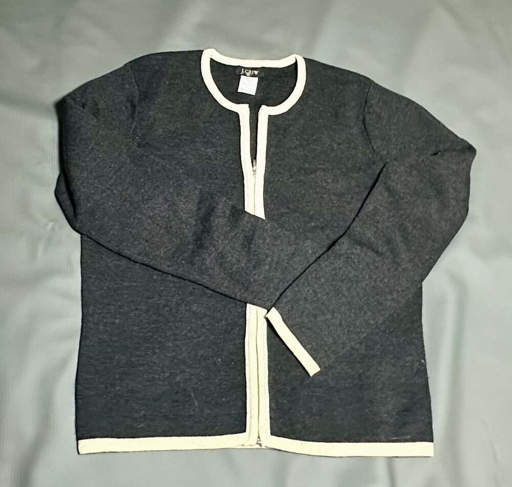 J.Crew Merino Wool Contrast Trim Zip Cardigan Sweater Gray Size L